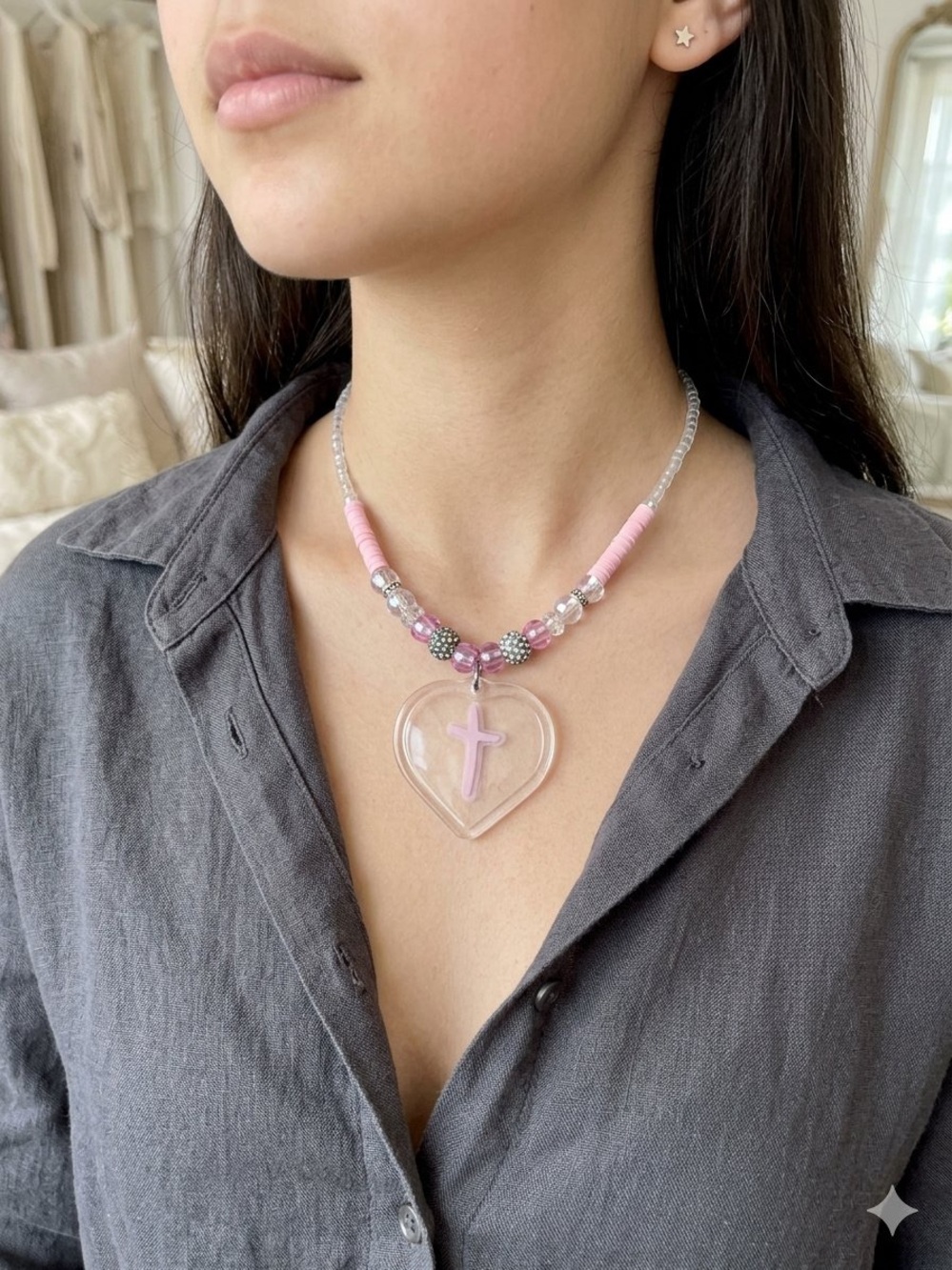 Pink Heart Pendant Necklace with Cross Accent - Women Jewelry